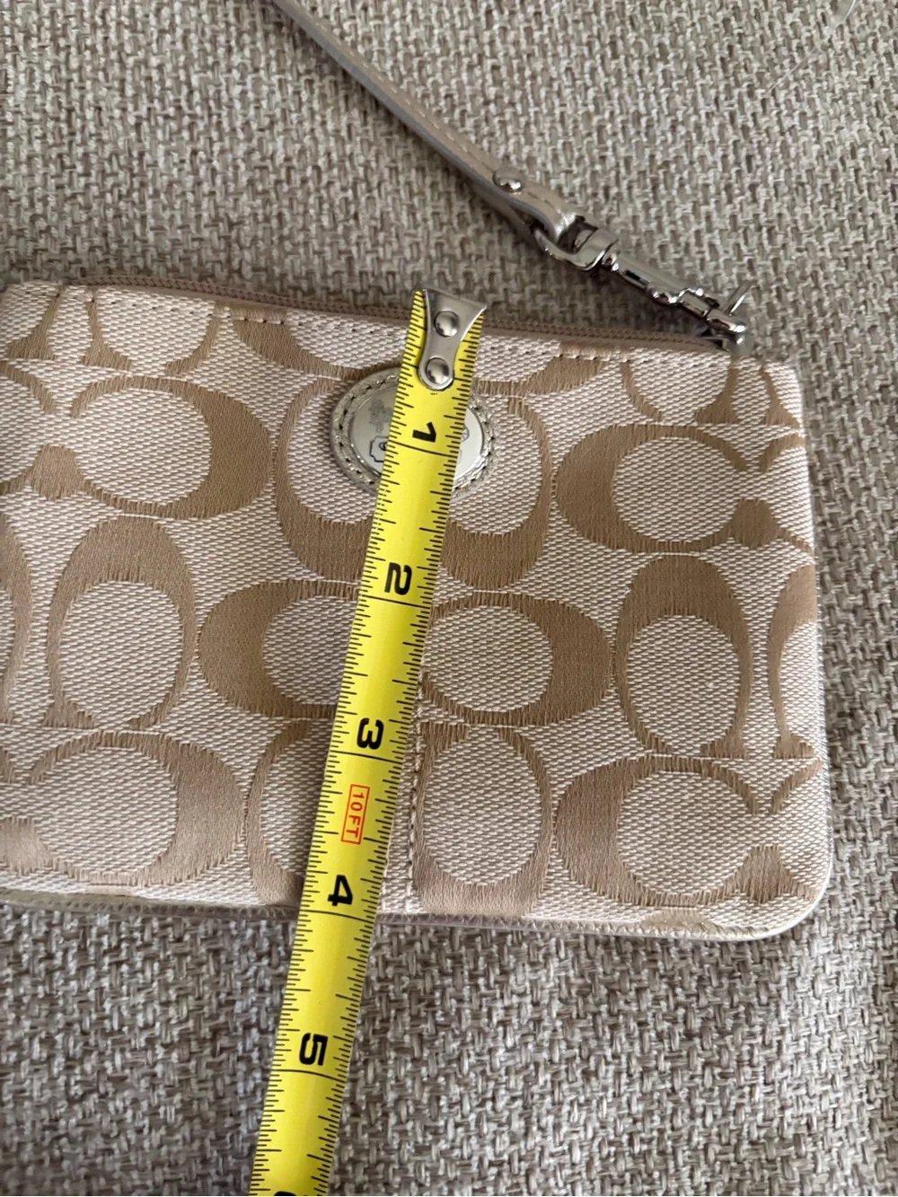 Coach Beige Signature Canvas Wristlet with Silver Strap